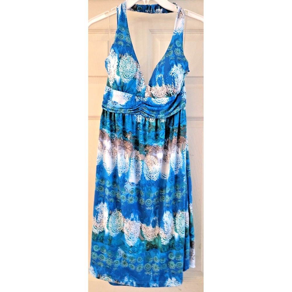 New Boho Blue MESMERA Halter Padded Top Dress Aline Summer Dressy Bright Rare
